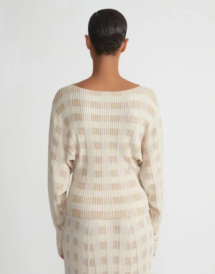 Lafayette 148 New York Gingham Responsible Matte Crepe Blouson Sweater Dune Multi Ready To Wear Sweaters and Knits
