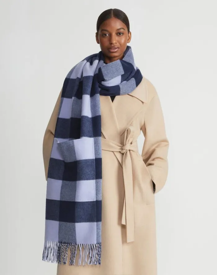 Lafayette 148 New York Gingham WoolCashmere Double Face Reversible Pocket Shawl Midnight Blue Multi Accessories Winter Accessories