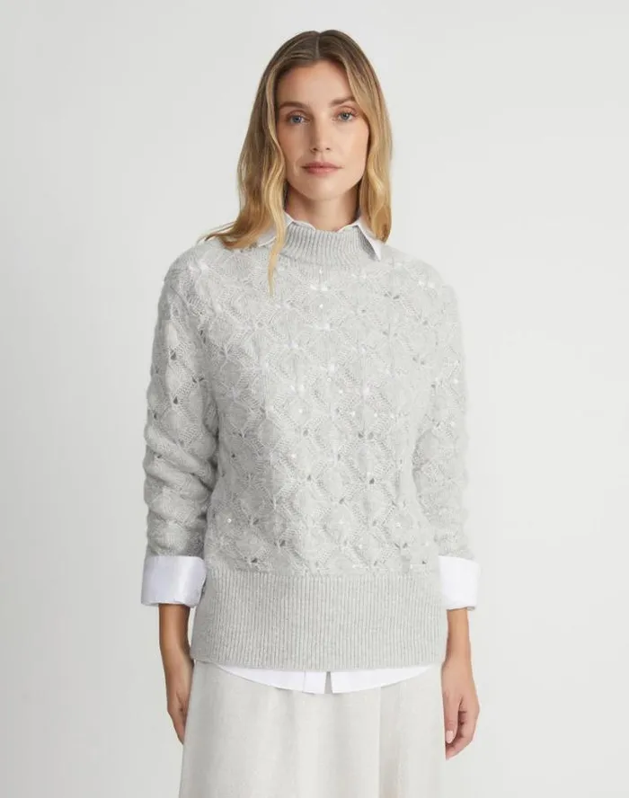 Lafayette 148 New York HandEmbellished CashmereAlpaca Lace Stitch Sweater Grey Heather Ready To Wear Sweaters and Knits