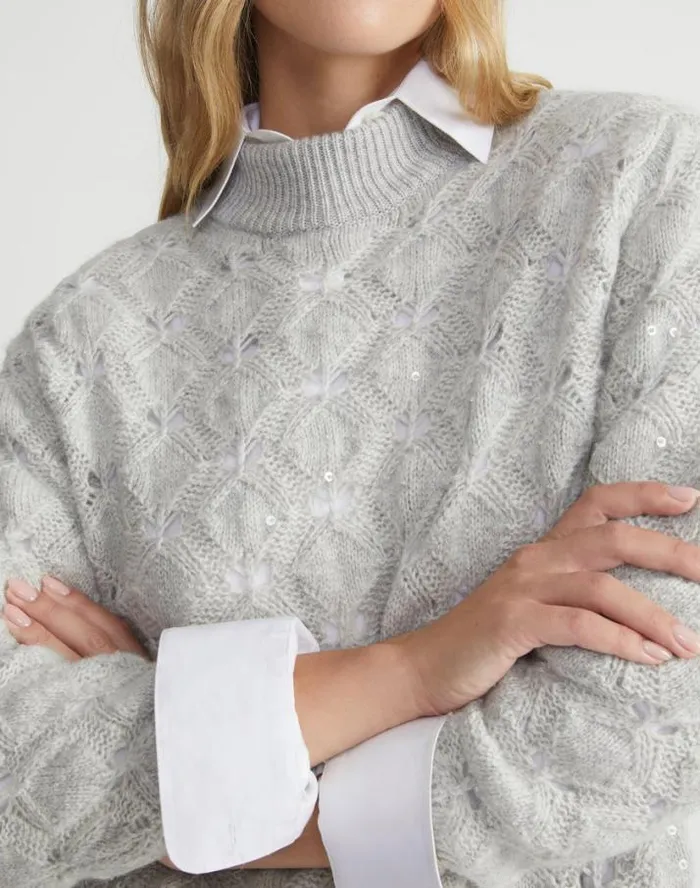 Lafayette 148 New York HandEmbellished CashmereAlpaca Lace Stitch Sweater Grey Heather Ready To Wear Sweaters and Knits