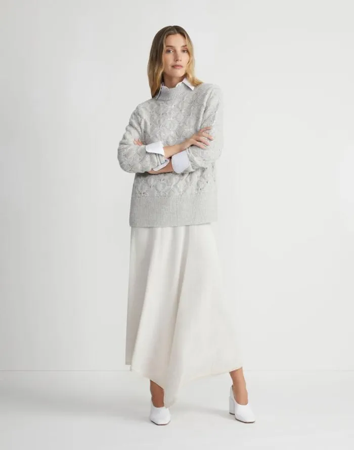 Lafayette 148 New York HandEmbellished CashmereAlpaca Lace Stitch Sweater Grey Heather Ready To Wear Sweaters and Knits