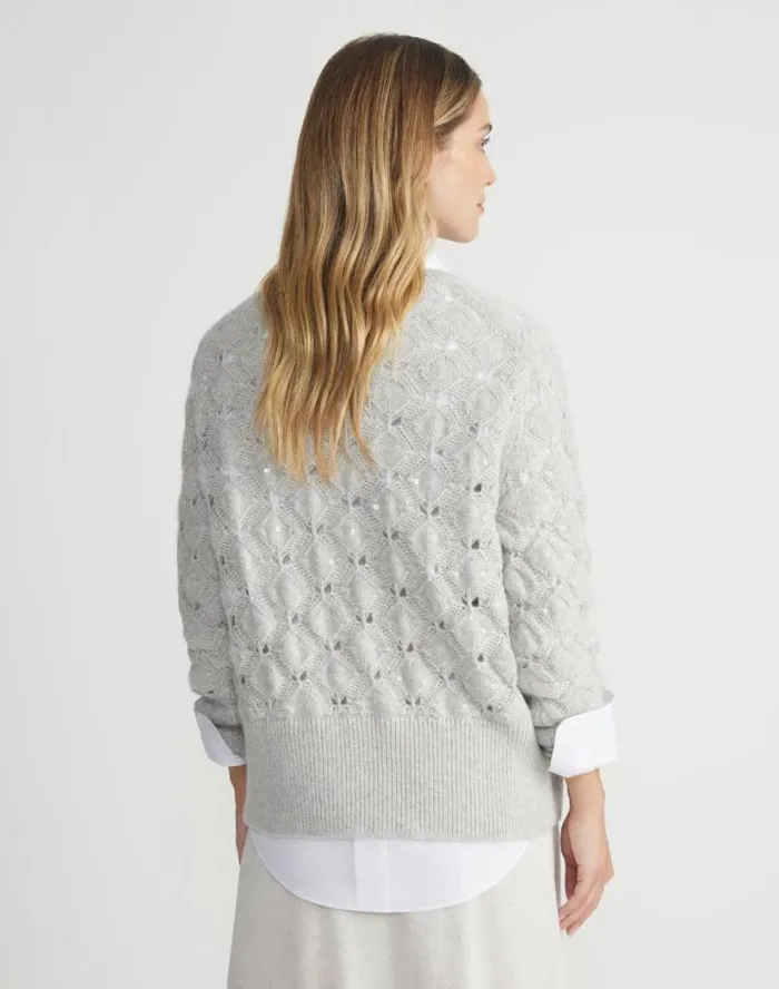 Lafayette 148 New York HandEmbellished CashmereAlpaca Lace Stitch Sweater Grey Heather Ready To Wear Sweaters and Knits