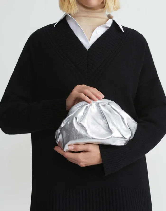 Lafayette 148 New York Metallic Nappa Leather Pochette Silver Handbags Clutches