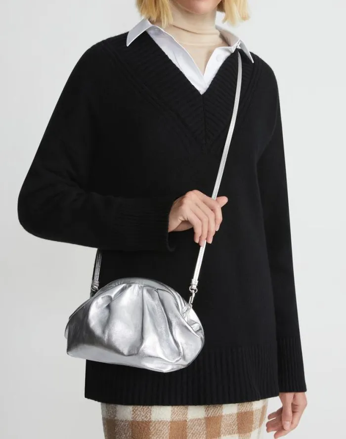 Lafayette 148 New York Metallic Nappa Leather Pochette Silver Handbags Clutches