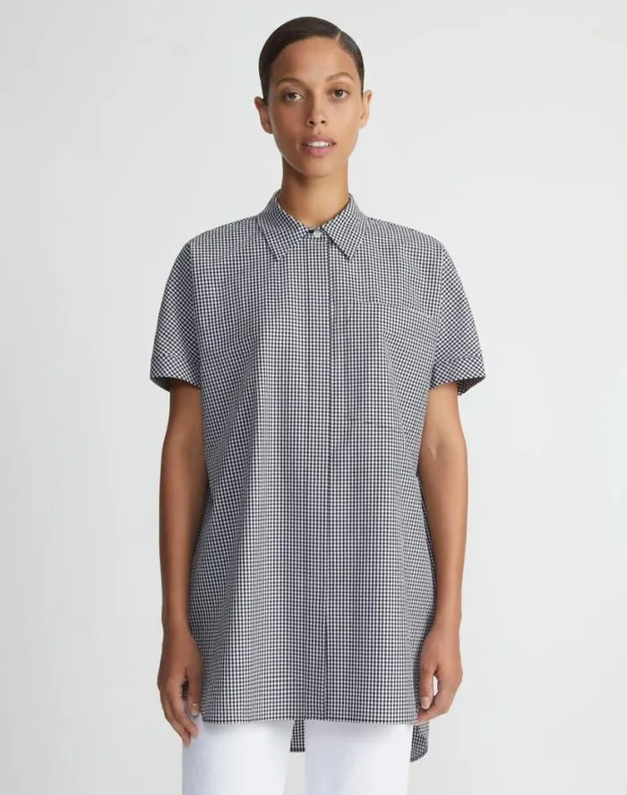 Lafayette 148 New York Micro Gingham Cotton Seersucker Oversized Shirt Midnight Blue Multi Ready To Wear Blouses and Shirts