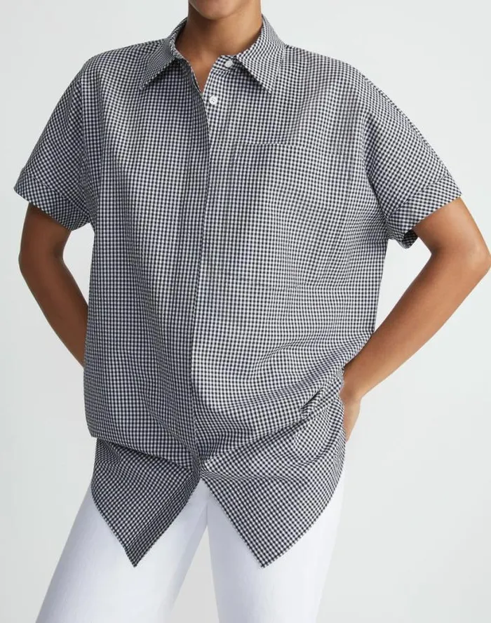 Lafayette 148 New York Micro Gingham Cotton Seersucker Oversized Shirt Midnight Blue Multi Ready To Wear Blouses and Shirts