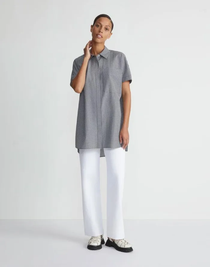 Lafayette 148 New York Micro Gingham Cotton Seersucker Oversized Shirt Midnight Blue Multi Ready To Wear Blouses and Shirts