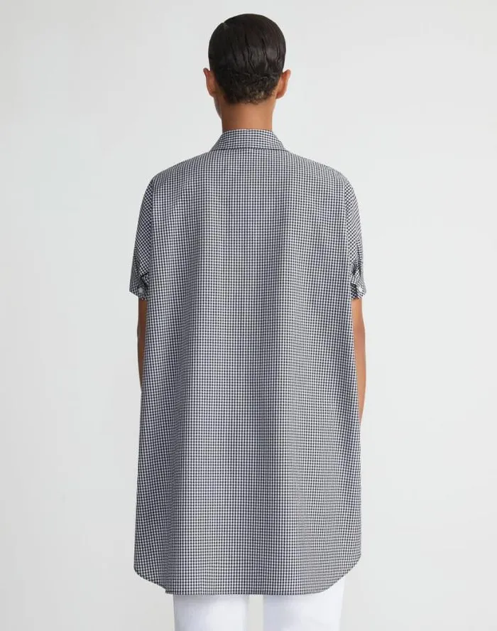 Lafayette 148 New York Micro Gingham Cotton Seersucker Oversized Shirt Midnight Blue Multi Ready To Wear Blouses and Shirts
