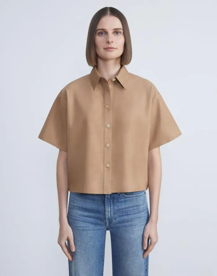 Lafayette 148 New York Nubuck Calfskin Suede Shirt Oat Ready To Wear Leathers and Suedes