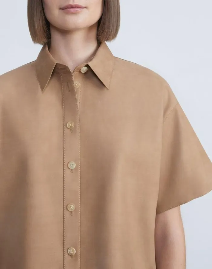 Lafayette 148 New York Nubuck Calfskin Suede Shirt Oat Ready To Wear Leathers and Suedes