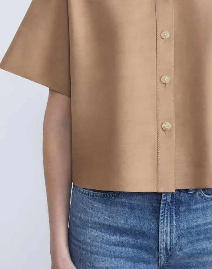 Lafayette 148 New York Nubuck Calfskin Suede Shirt Oat Ready To Wear Leathers and Suedes