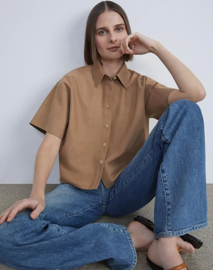 Lafayette 148 New York Nubuck Calfskin Suede Shirt Oat Ready To Wear Leathers and Suedes