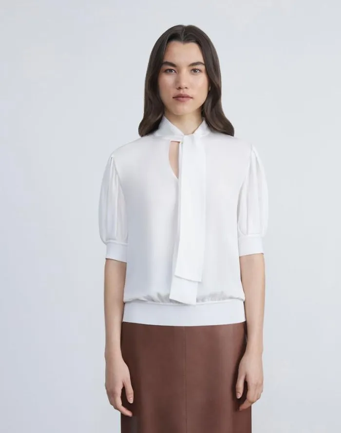 Lafayette 148 New York Organic Silk Georgette Bow Blouse Black Ready To Wear Blouses and Shirts