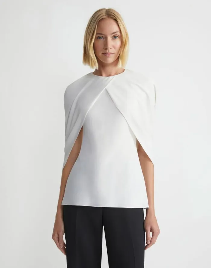 Lafayette 148 New York Responsible Finesse Crepe Convertible Shawl Blouse Cloud Ready To Wear Blouses and Shirts