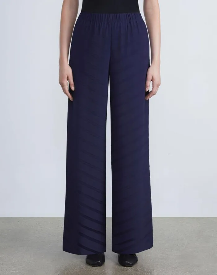 Lafayette 148 New York Sateen Diagonal Pleat Riverside Pant Midnight Blue Ready To Wear Pants and Shorts