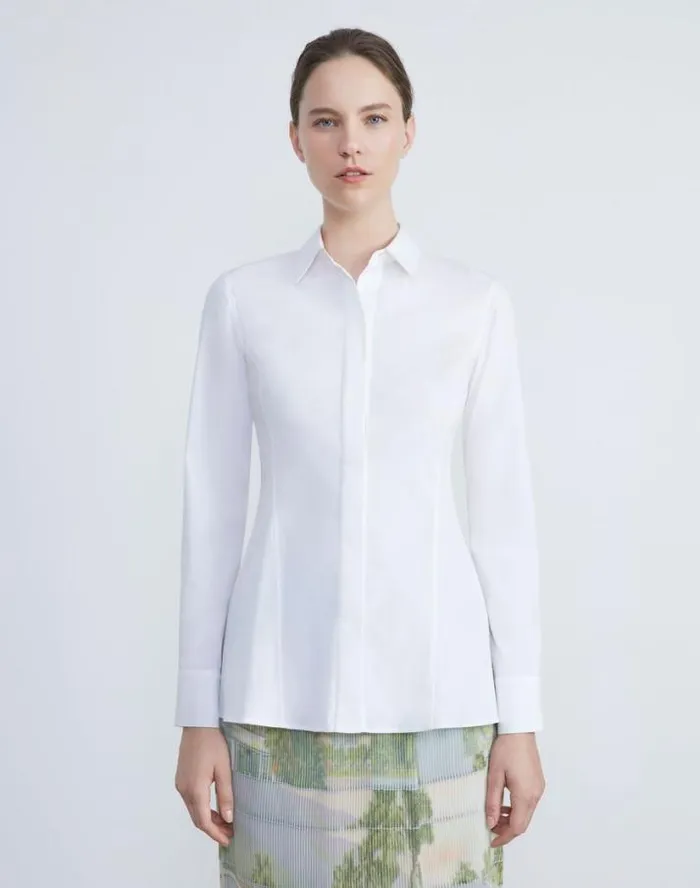 Lafayette 148 New York Stretch Cotton Fit and Flare Shirt White Ready To Wear Blouses and Shirts
