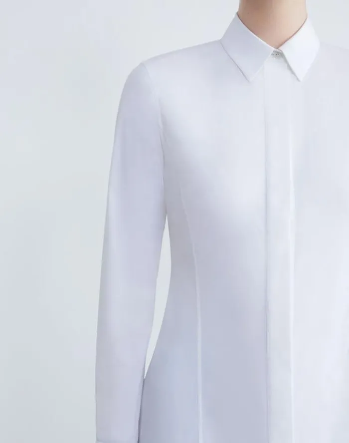 Lafayette 148 New York Stretch Cotton Fit and Flare Shirt White Ready To Wear Blouses and Shirts