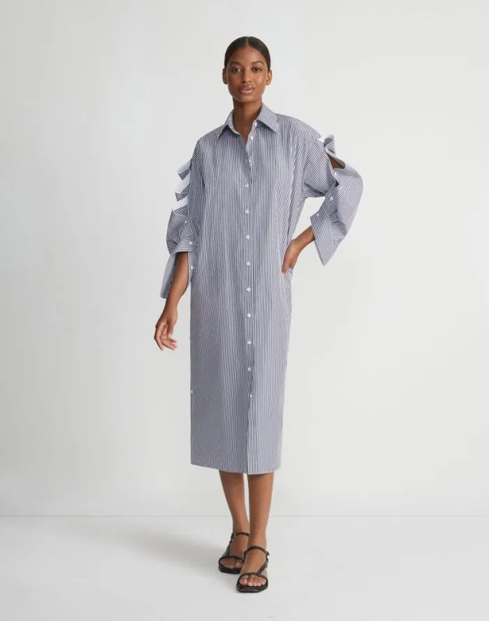 Lafayette 148 New York Stripe Cotton Poplin Button Sleeve Oversized Shirtdress Midnight Blue Multi Ready To Wear Dresses
