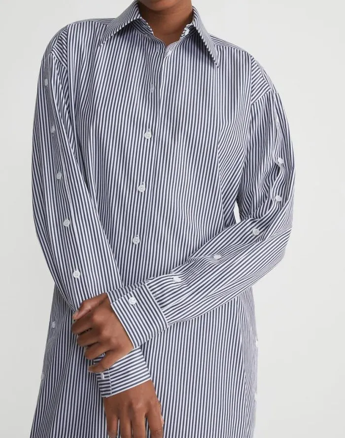 Lafayette 148 New York Stripe Cotton Poplin Button Sleeve Oversized Shirtdress Midnight Blue Multi Ready To Wear Dresses