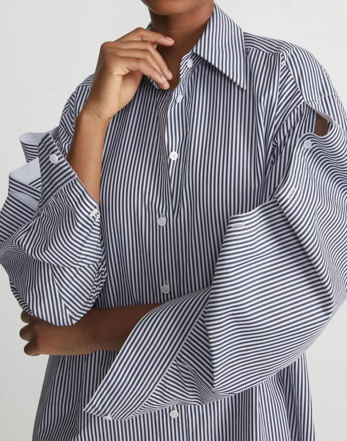 Lafayette 148 New York Stripe Cotton Poplin Button Sleeve Oversized Shirtdress Midnight Blue Multi Ready To Wear Dresses