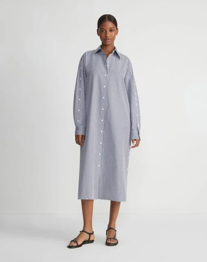 Lafayette 148 New York Stripe Cotton Poplin Button Sleeve Oversized Shirtdress Midnight Blue Multi Ready To Wear Dresses