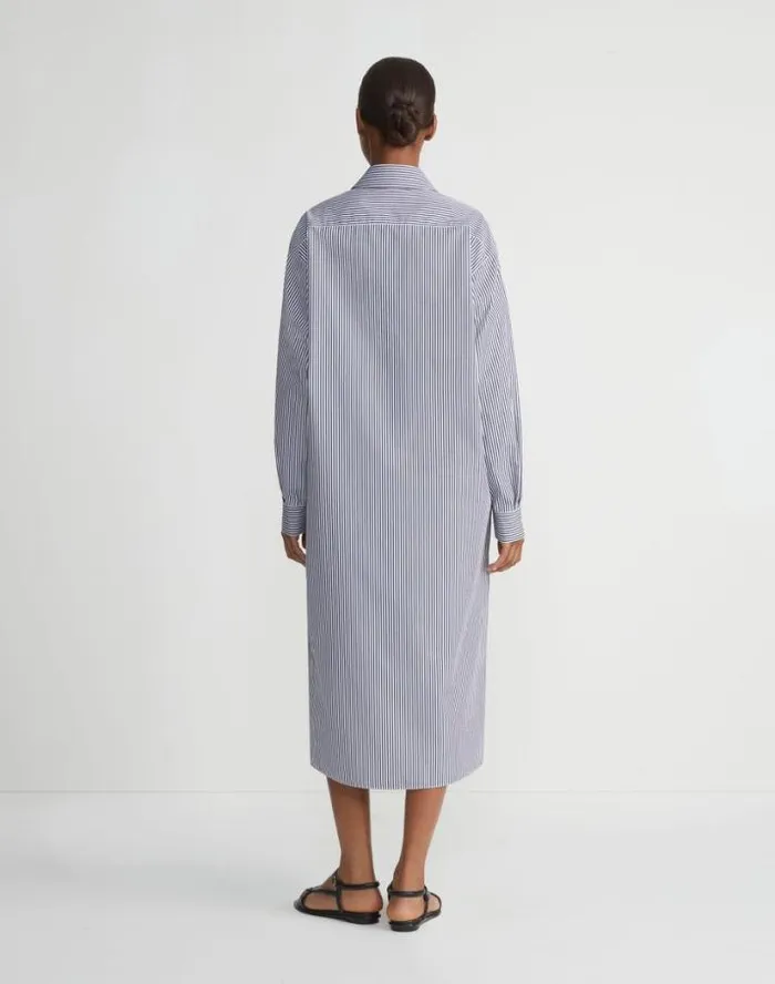 Lafayette 148 New York Stripe Cotton Poplin Button Sleeve Oversized Shirtdress Midnight Blue Multi Ready To Wear Dresses
