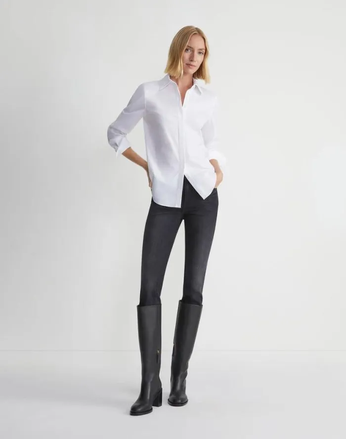 Lafayette 148 New York Wright Shirt In Italian Stretch Cotton White Ready To Wear Blouses and Shirts