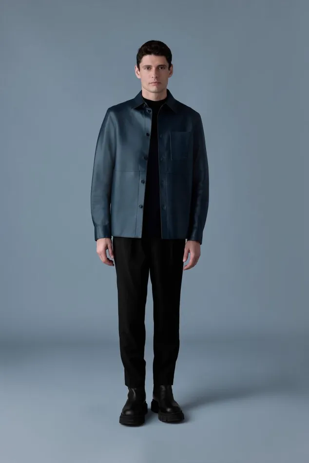 Leather Jackets Men Mackage REMINGTON Twotone Colored Leather Overshirt Navylight Military Leather Jackets Men Mackage REMINGTON Twotone Colored Leather Overshirt Navylight Military