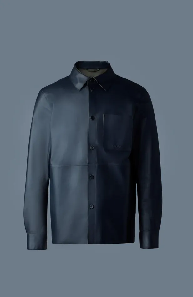 Leather Jackets Men Mackage REMINGTON Twotone Colored Leather Overshirt Navylight Military Leather Jackets Men Mackage REMINGTON Twotone Colored Leather Overshirt Navylight Military