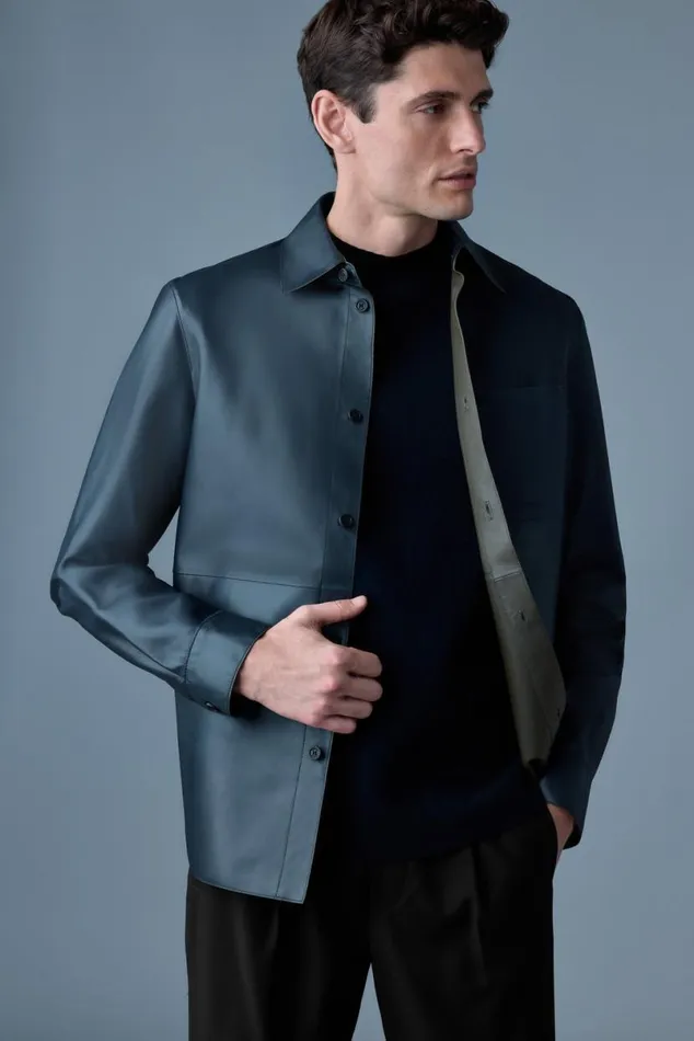 Leather Jackets Men Mackage REMINGTON Twotone Colored Leather Overshirt Navylight Military Leather Jackets Men Mackage REMINGTON Twotone Colored Leather Overshirt Navylight Military