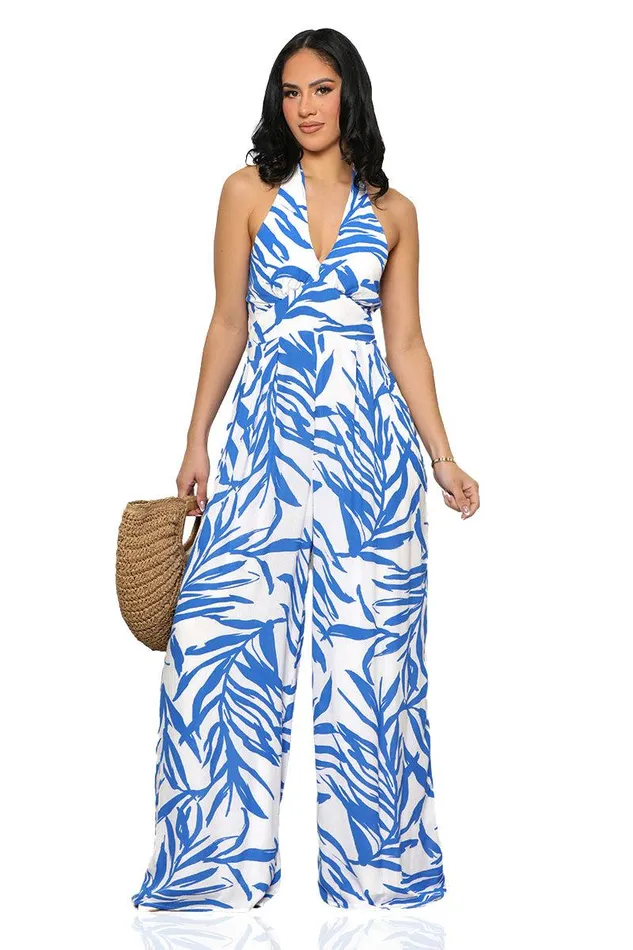 Lilly039s Kloset Jumpsuits and Rompers Women Take A Trip Halter Jumpsuit Blue MultiFINAL SALE