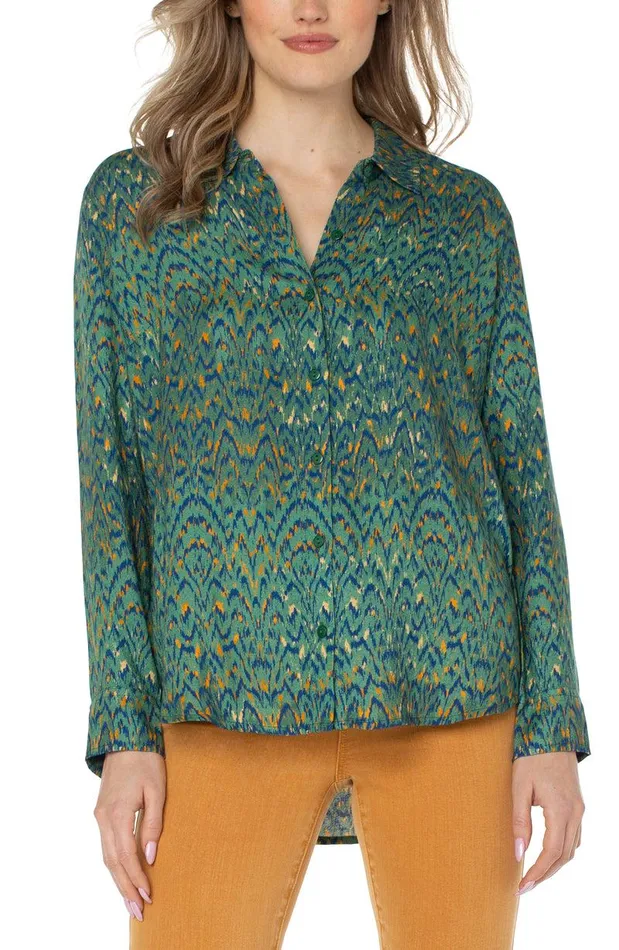 Liverpool Los Angeles BUTTON UP WOVEN BLOUSE Emerald Ikat Print Women WOVEN TOPS