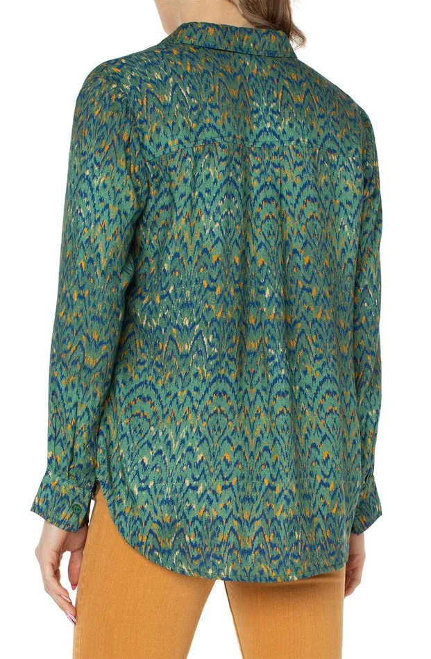 Liverpool Los Angeles BUTTON UP WOVEN BLOUSE Emerald Ikat Print Women WOVEN TOPS
