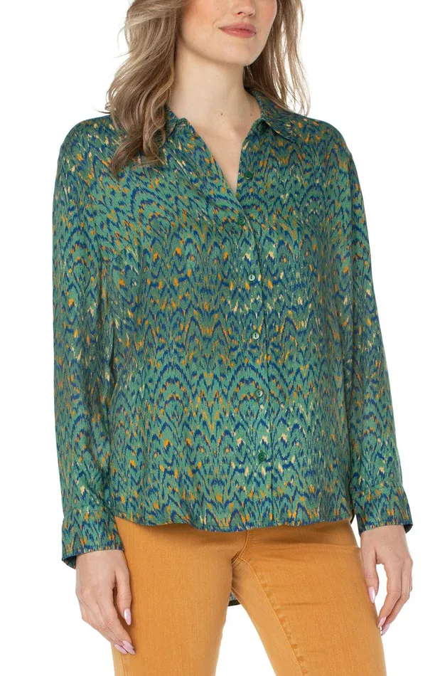 Liverpool Los Angeles BUTTON UP WOVEN BLOUSE Emerald Ikat Print Women WOVEN TOPS