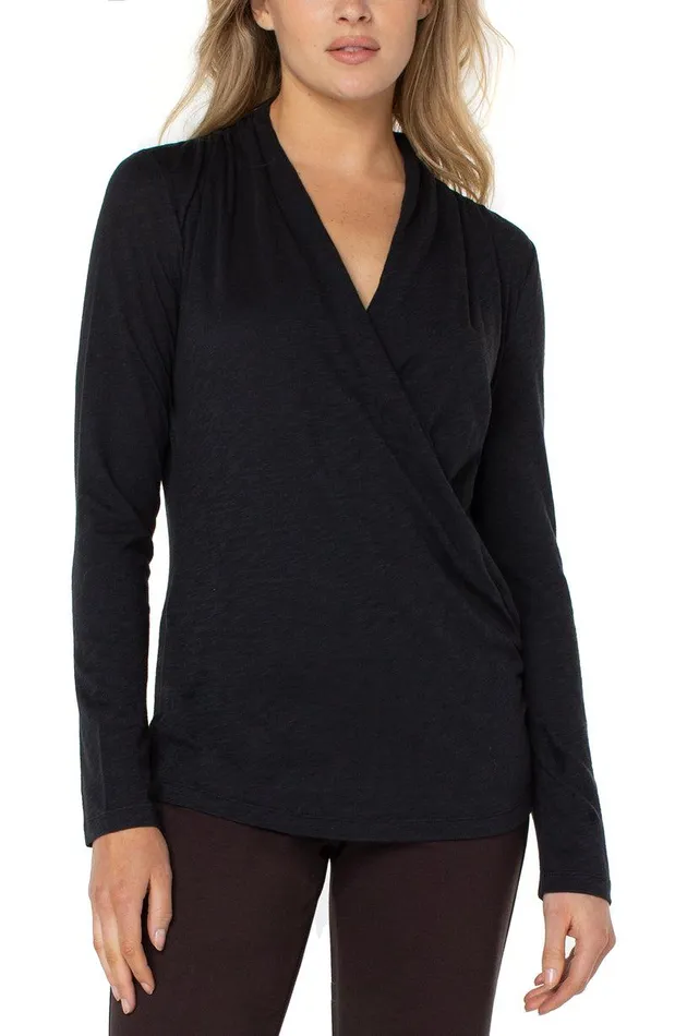 Liverpool Los Angeles LONG SLEEVE WRAP FRONT SLUB KNIT TOP Black Women KNIT TOPS