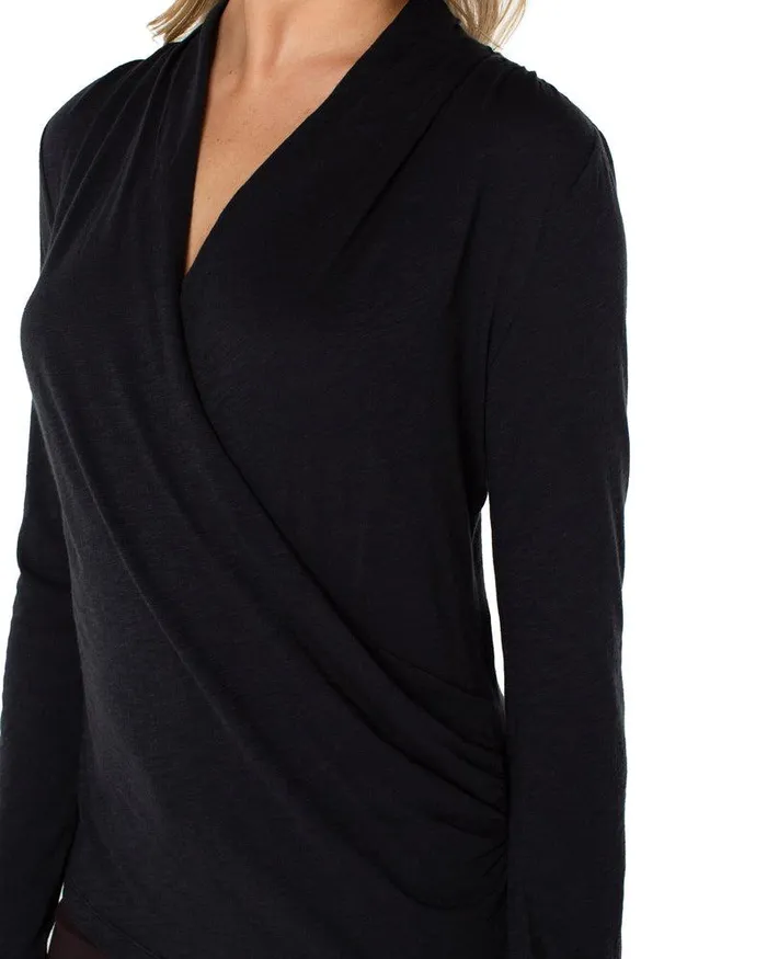 Liverpool Los Angeles LONG SLEEVE WRAP FRONT SLUB KNIT TOP Black Women KNIT TOPS