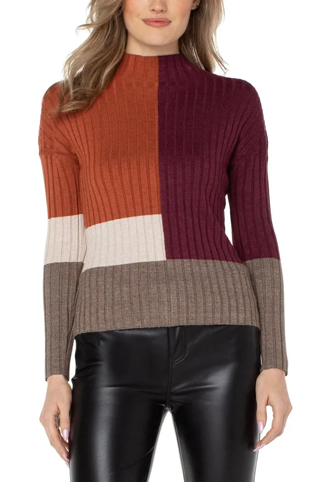 Liverpool Los Angeles MOCK NECK COLORBLOCK SWEATER Burgundy Rust Colorblock Women SWEATERS
