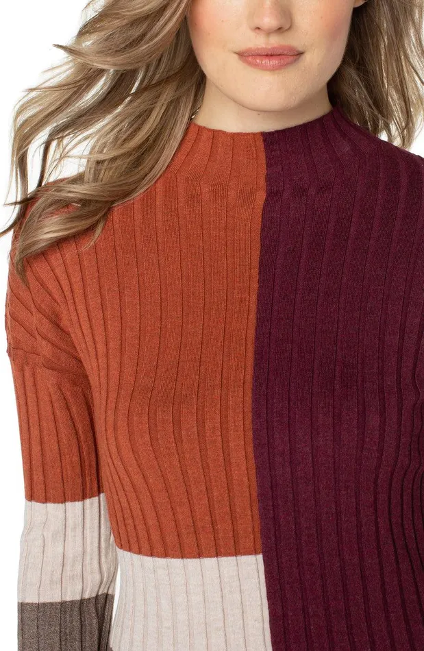 Liverpool Los Angeles MOCK NECK COLORBLOCK SWEATER Burgundy Rust Colorblock Women SWEATERS