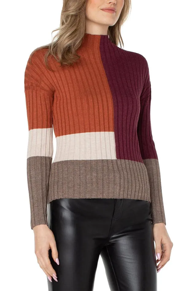 Liverpool Los Angeles MOCK NECK COLORBLOCK SWEATER Burgundy Rust Colorblock Women SWEATERS