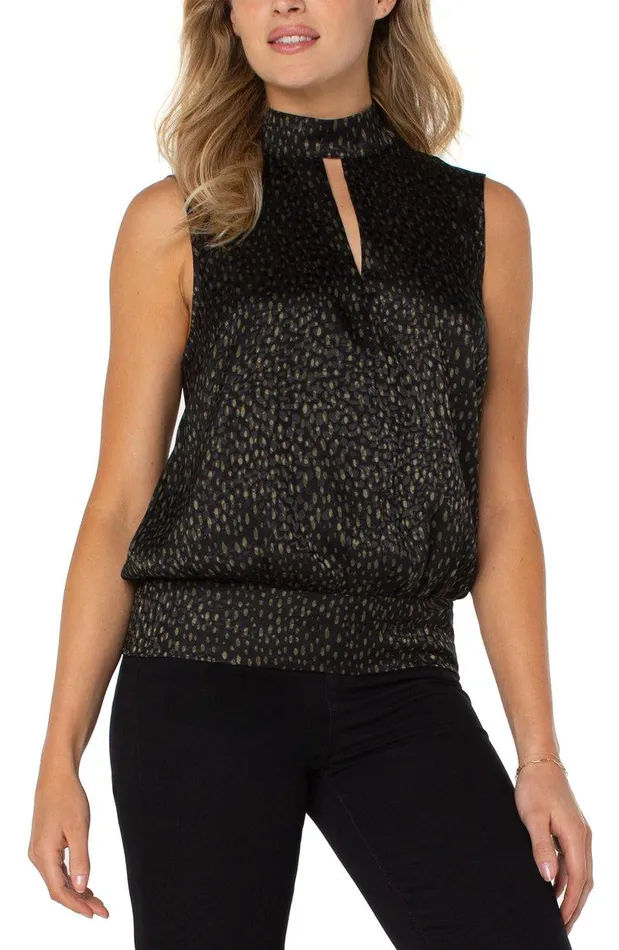 Liverpool Los Angeles MOCK NECK SLIT FRONT SLEEVELESS TOP Allover Animal Dot Print Women WOVEN TOPS