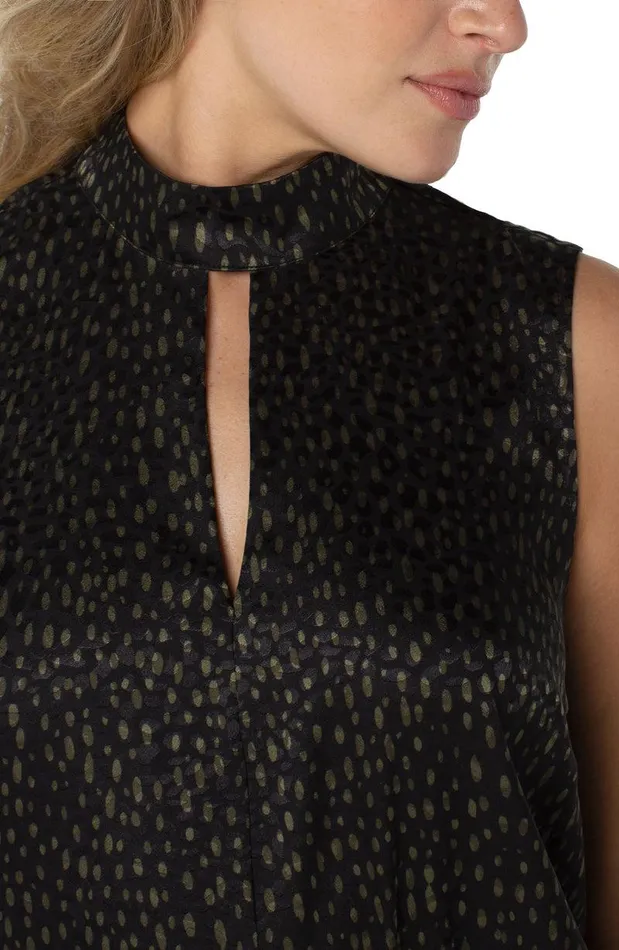 Liverpool Los Angeles MOCK NECK SLIT FRONT SLEEVELESS TOP Allover Animal Dot Print Women WOVEN TOPS