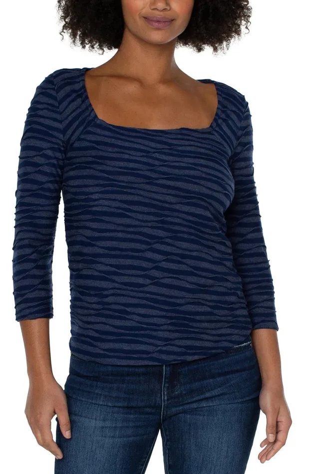 Liverpool Los Angeles SQUARE NECK 34 SLEEVE KNIT TOP Navy Spacedye Stripe Women KNIT TOPS