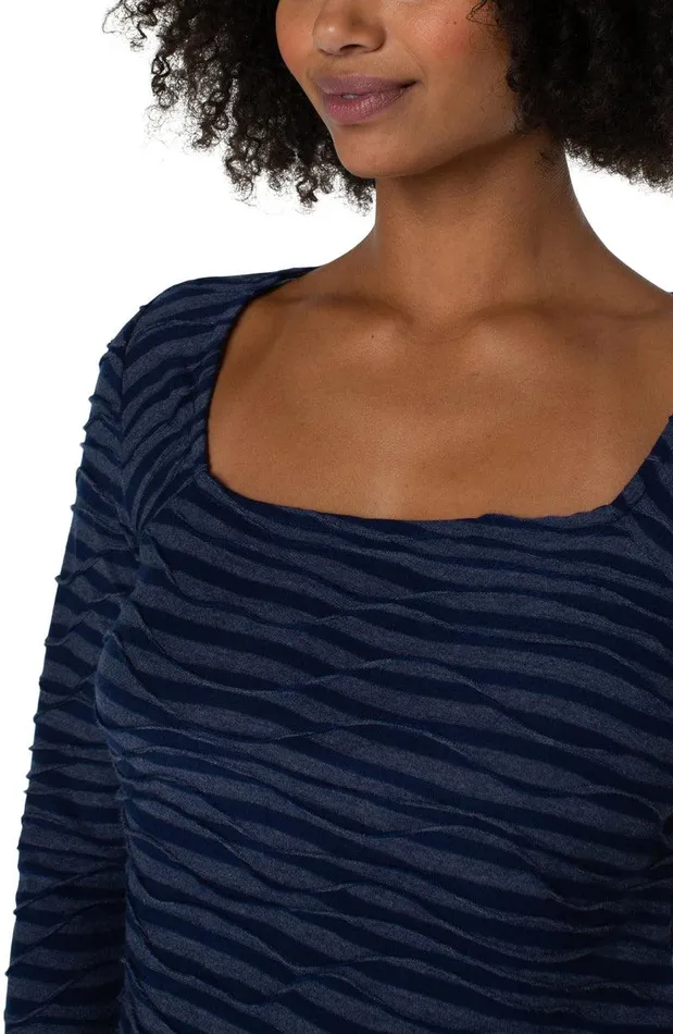 Liverpool Los Angeles SQUARE NECK 34 SLEEVE KNIT TOP Navy Spacedye Stripe Women KNIT TOPS