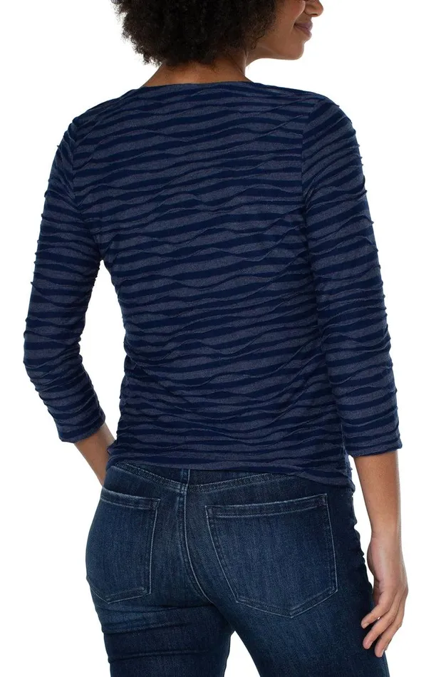 Liverpool Los Angeles SQUARE NECK 34 SLEEVE KNIT TOP Navy Spacedye Stripe Women KNIT TOPS
