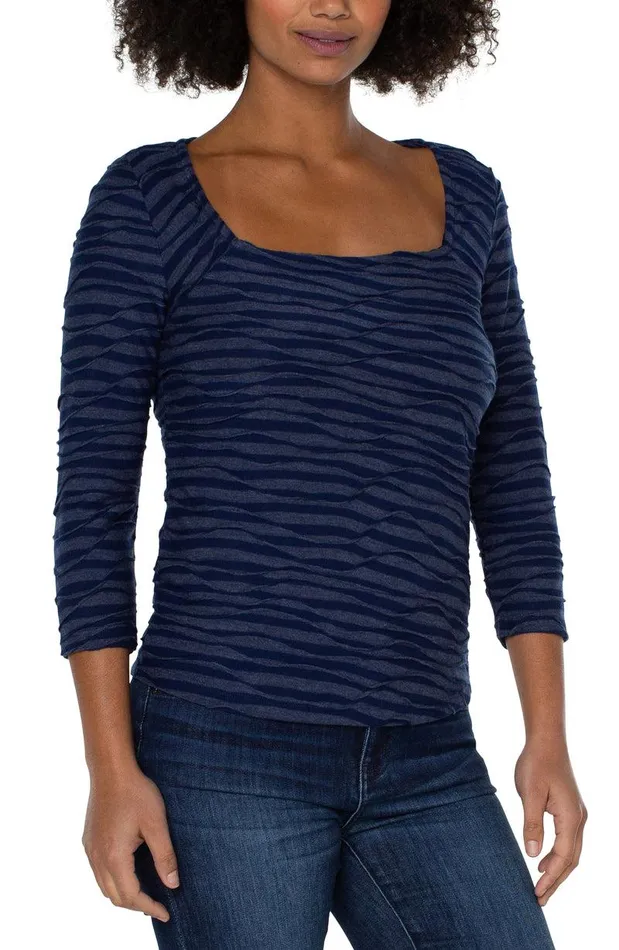 Liverpool Los Angeles SQUARE NECK 34 SLEEVE KNIT TOP Navy Spacedye Stripe Women KNIT TOPS