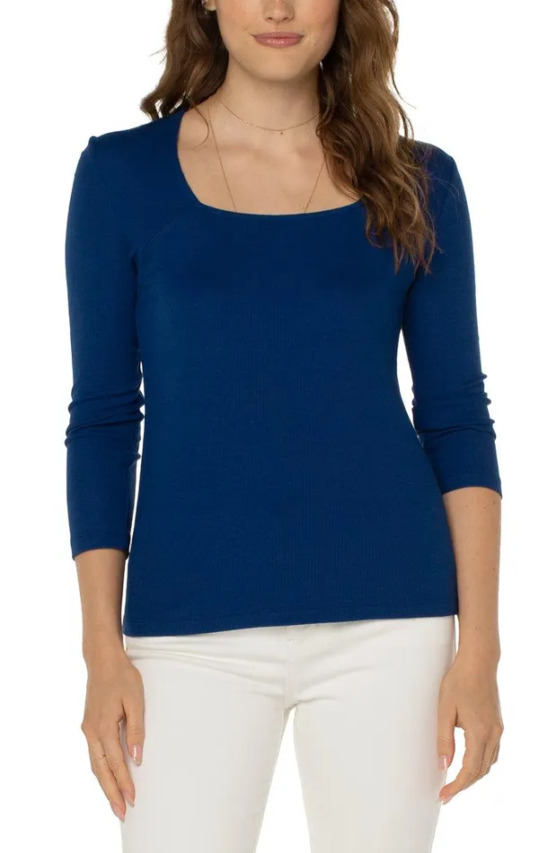 Liverpool Los Angeles SQUARE NECK 34 SLEEVE RIB KNIT TOP Catalina Blue Women TSHIRTS