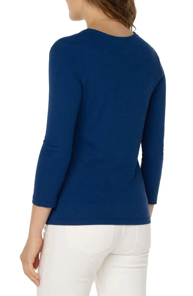 Liverpool Los Angeles SQUARE NECK 34 SLEEVE RIB KNIT TOP Catalina Blue Women TSHIRTS