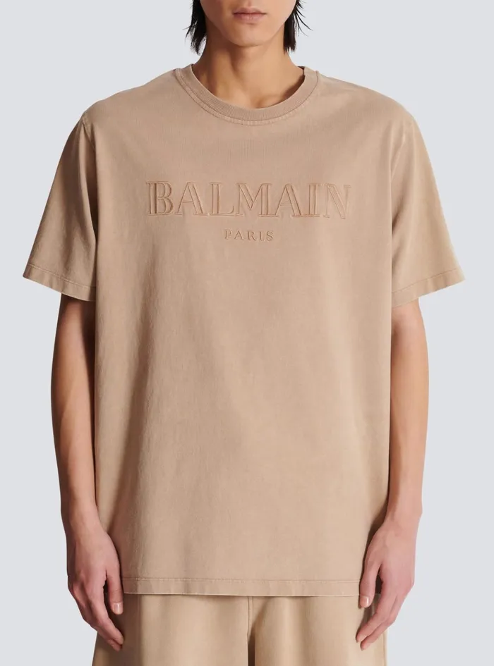 Loose Tshirt With Vintage Embroidery Beige Men Balmain TShirts