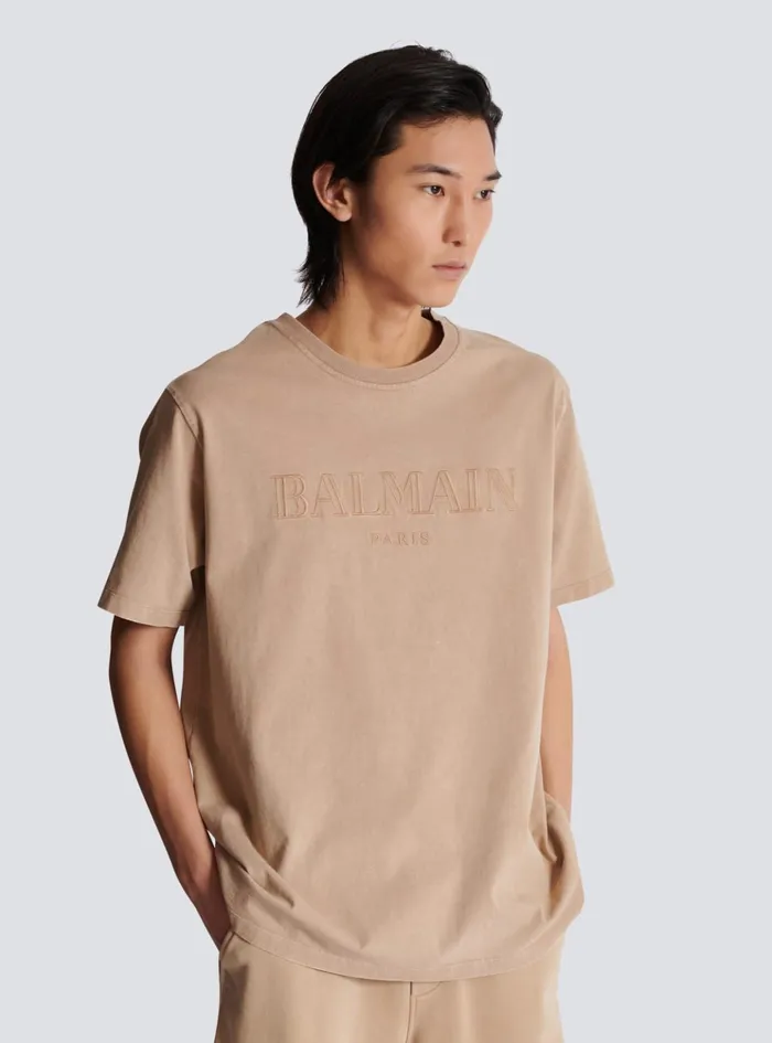 Loose Tshirt With Vintage Embroidery Beige Men Balmain TShirts