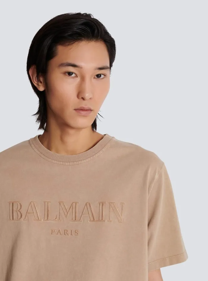 Loose Tshirt With Vintage Embroidery Beige Men Balmain TShirts